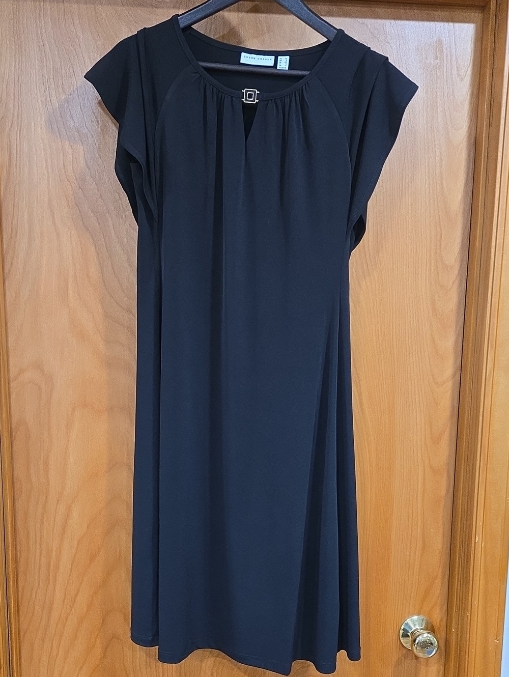 Susan Graver Black Midi Shift Dress with Square Buckle Accent